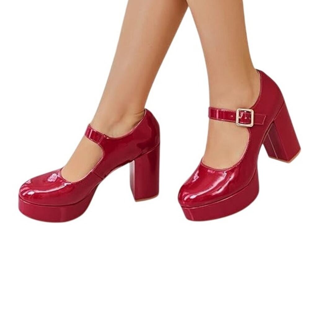 Coutgo Womens Size 9 Red 4" Heels Mary Jane Round Closed Toe Buckle Strap Shoes - Picture 2 of 9